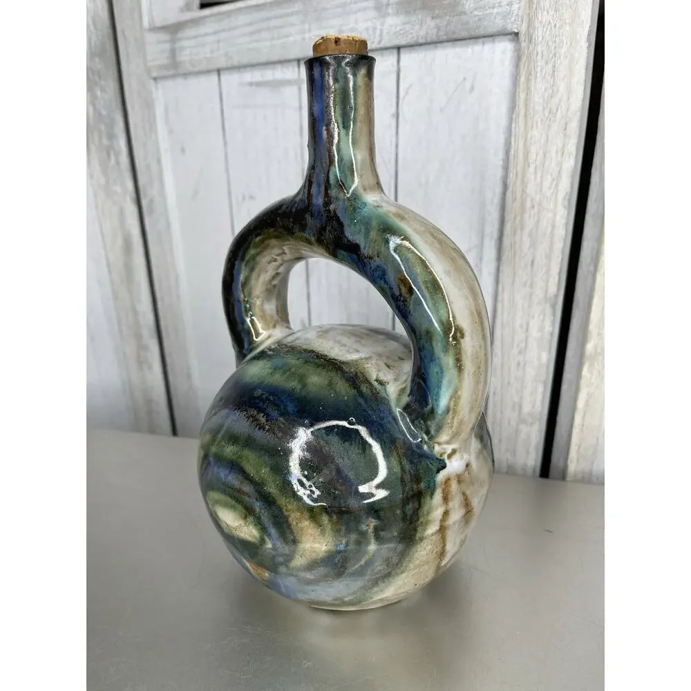 Vintage Wine Decanter & Stopper Decanter Ceramic Hand Painted Glazed Signed